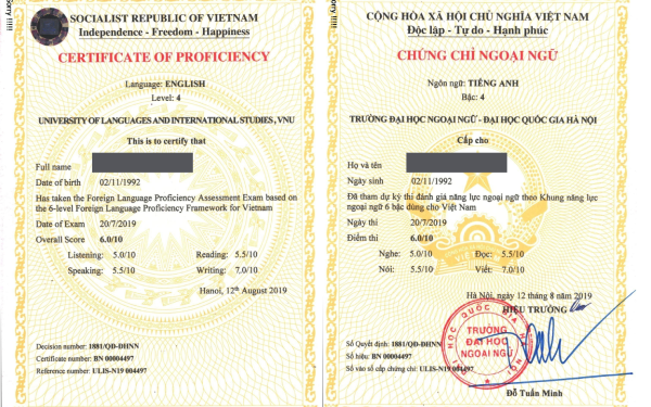 Mẫu chứng chỉ tiếng Anh b2