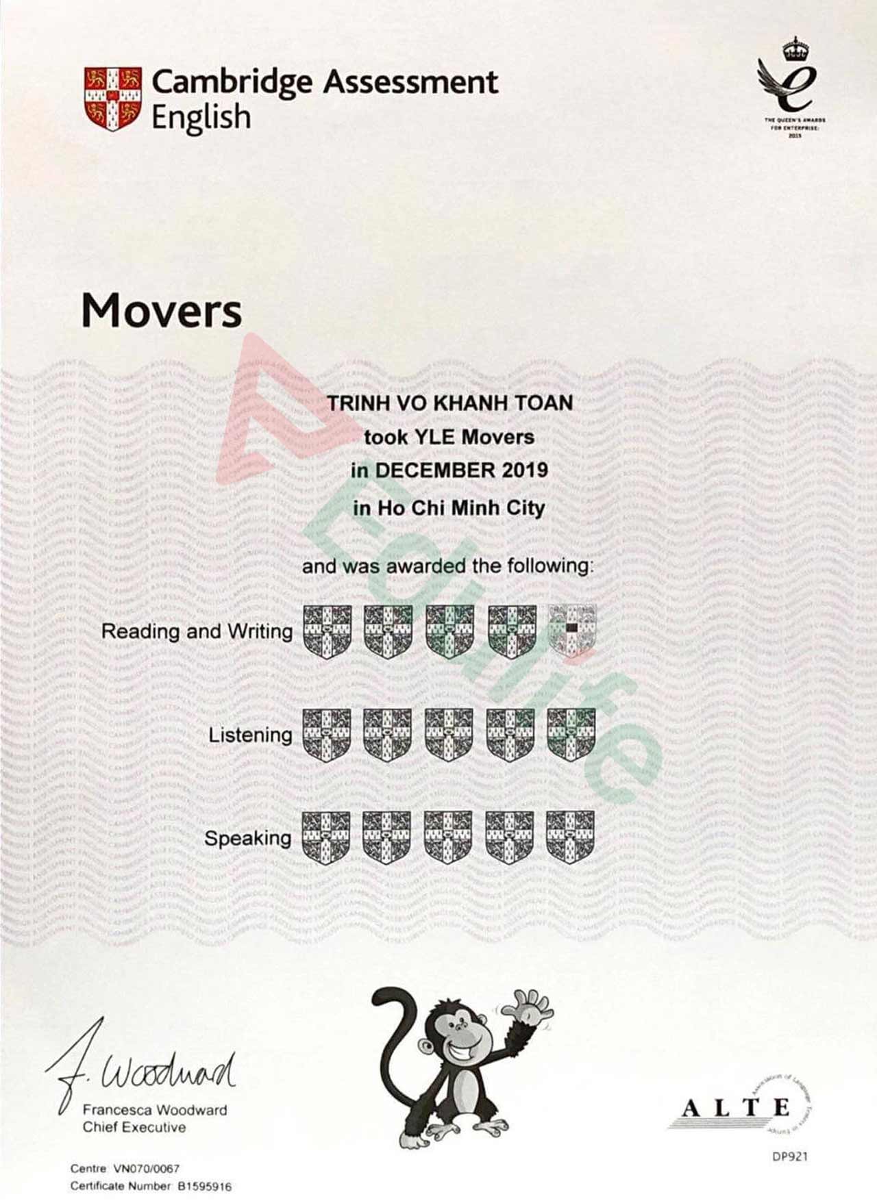 Mẫu chứng chỉ MOVERS