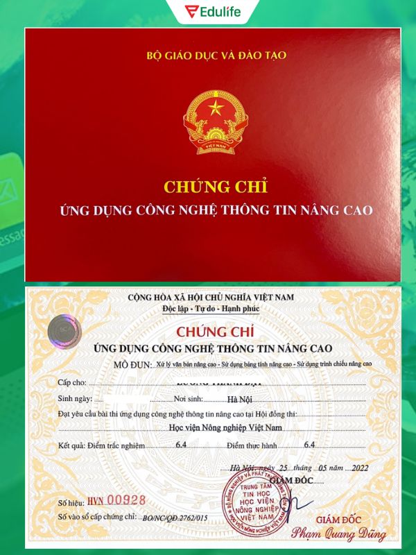 Hình ảnh mặt trước và mặt sau của chứng chỉ Tin học nâng cao