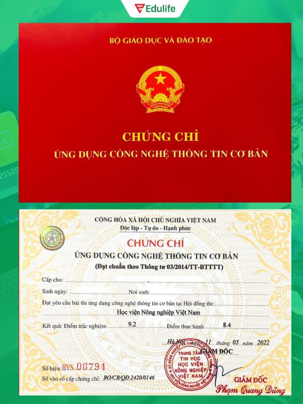 Hình ảnh mặt trước và mặt sau của chứng chỉ Tin học cơ bản