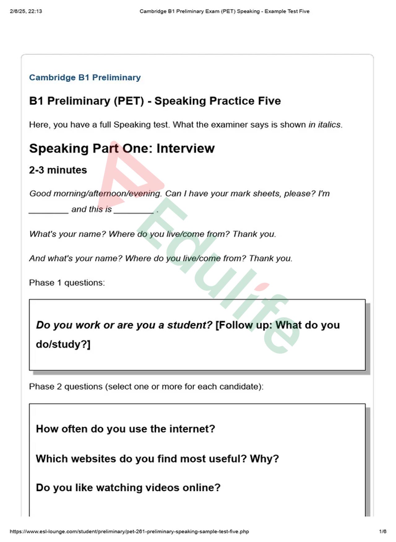 Mẫu 1 phần đề thi B1 Cambridge phần Nói