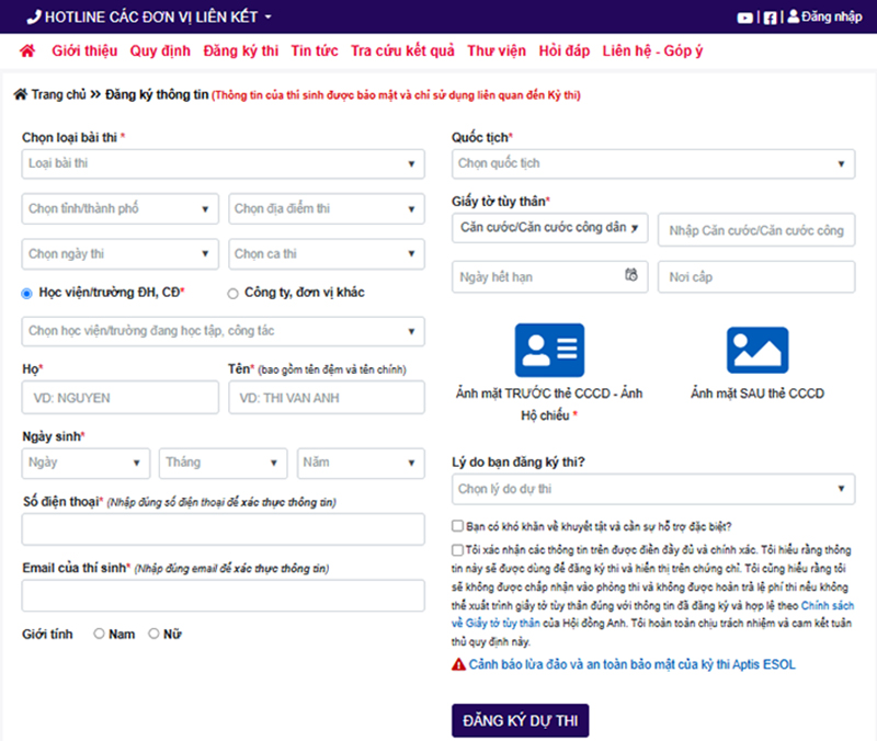 Điền đầy đủ các trường thông tin và ấn "Đăng ký dự thi"