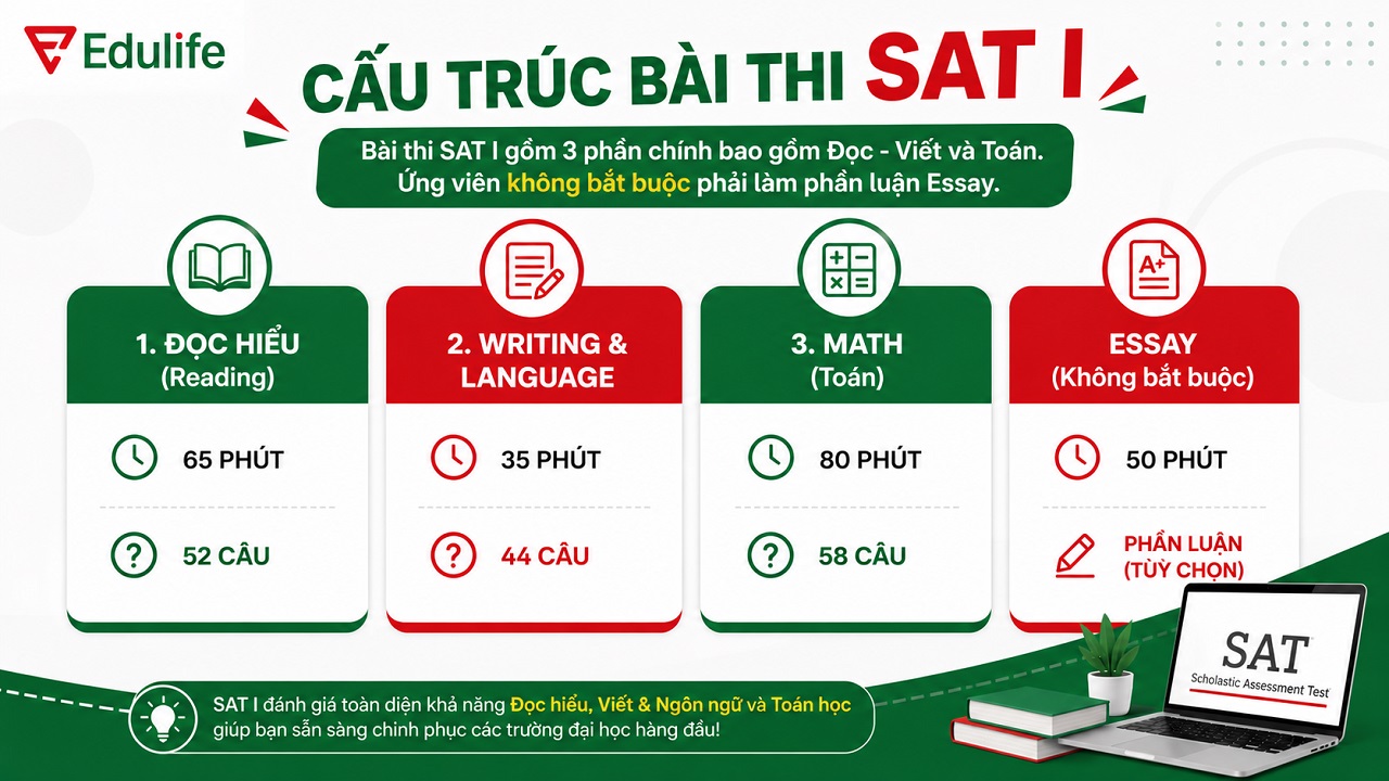 Bài thi SAT I gồm 3 phần chính bao gồm Đọc - Viết và Toá