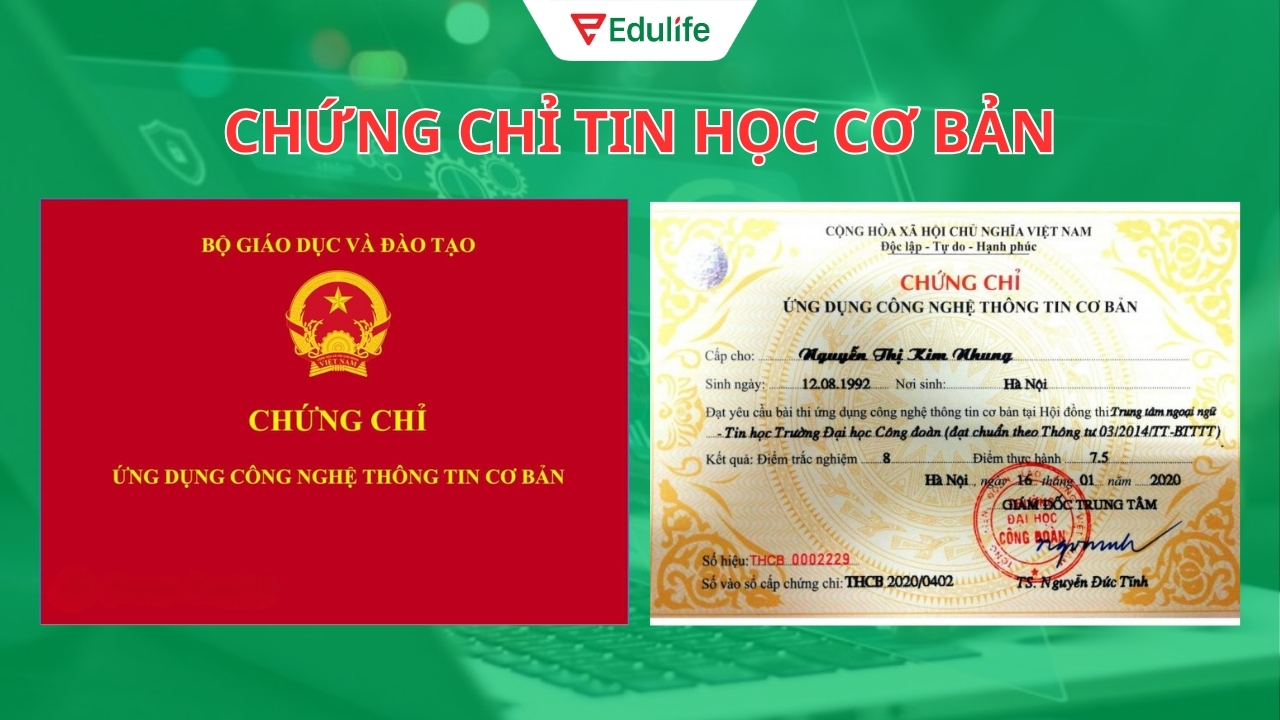 Hình ảnh mặt trước và mặt sau của chứng chỉ tin học cơ bản