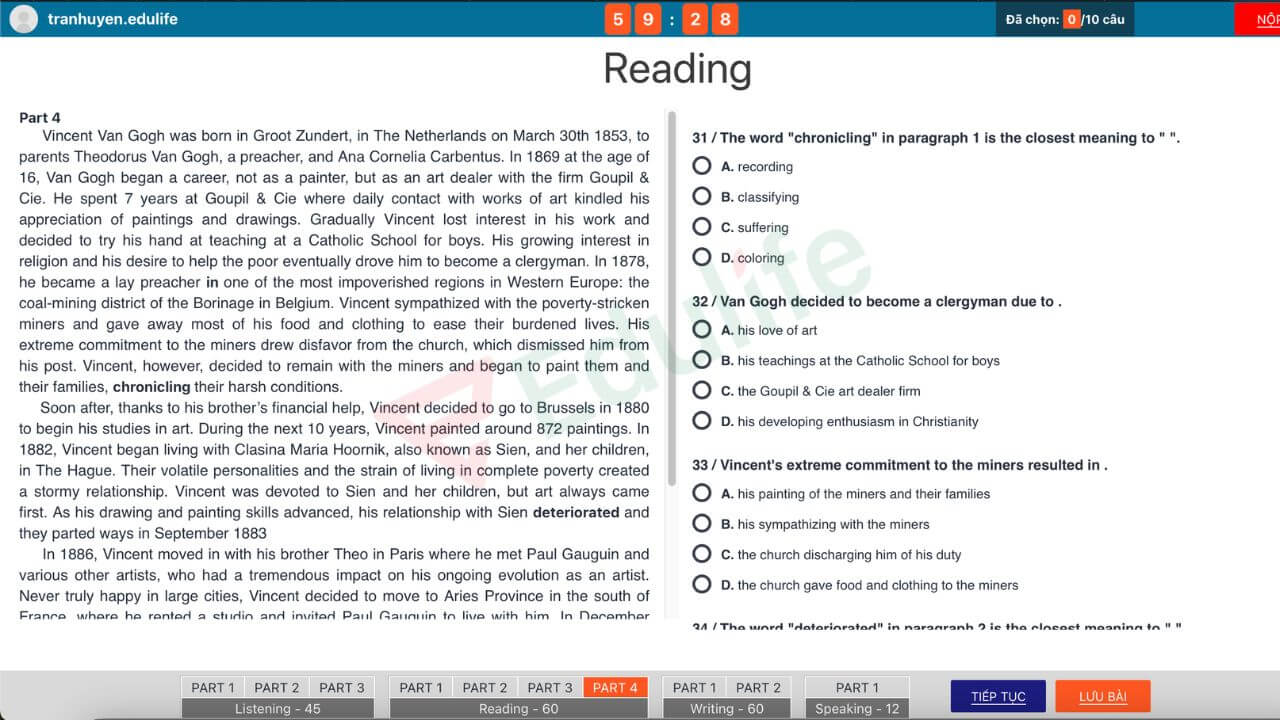 Phần thi Reading gồm 4 bài đọc với thời gian làm bài là 60 phút