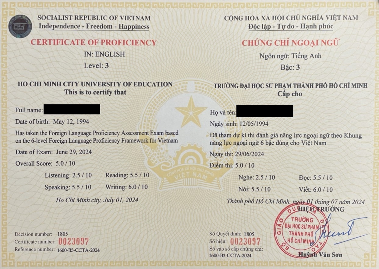 Mẫu chứng chỉ VSTEP của trường ĐHSP Tp Hồ Chí Minh (hình ảnh thực tế) Mẫu chứng chỉ VSTEP của trường ĐHSP Tp Hồ Chí Minh (hình ảnh thực tế)