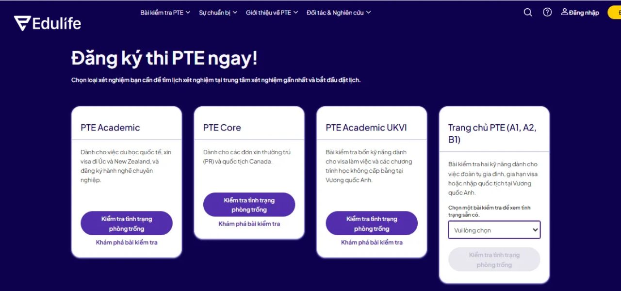 Thí sinh đăng ký thi PTE Academic trực tiếp trên website của Pearson