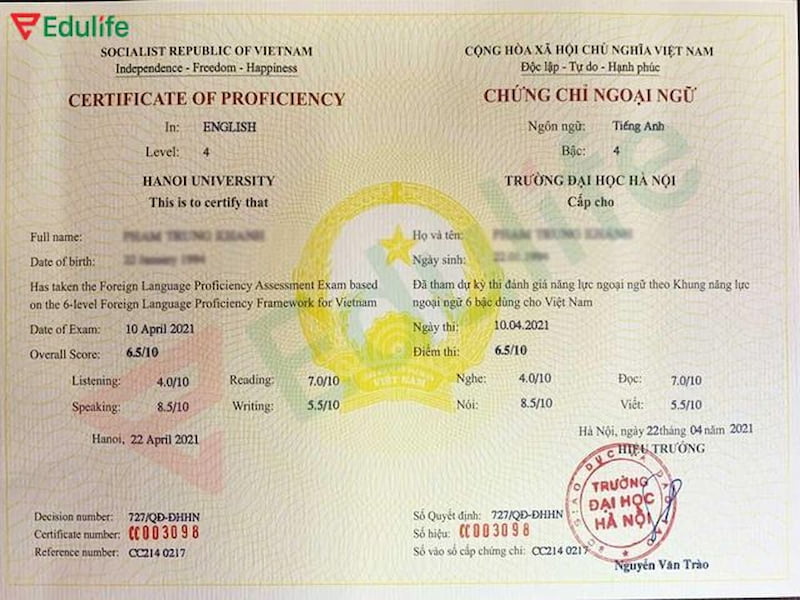 Chứng chỉ tiếng Anh bậc 4 được Edulife cấp cho học viên