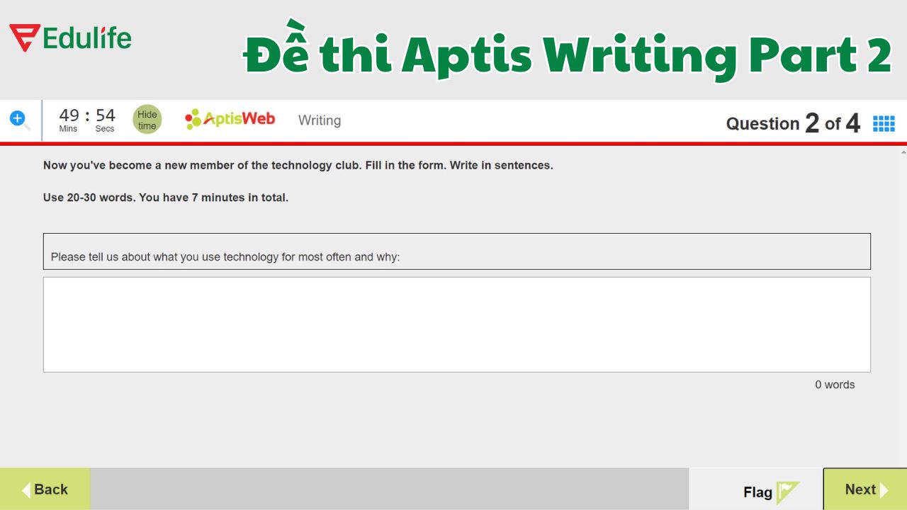 Giao diện bài thi Aptis Writing Part 2 trên máy tính