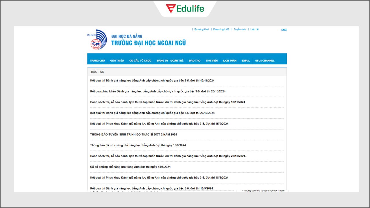 Danh sách thi được công bố đầy đủ trên website của trường ĐH Ngoại ngữ - Đại học Đà Nẵng