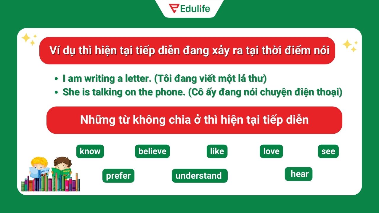 Ví dụ thì hiện tại tiếp diễn đang xảy ra tại thời điểm nói​