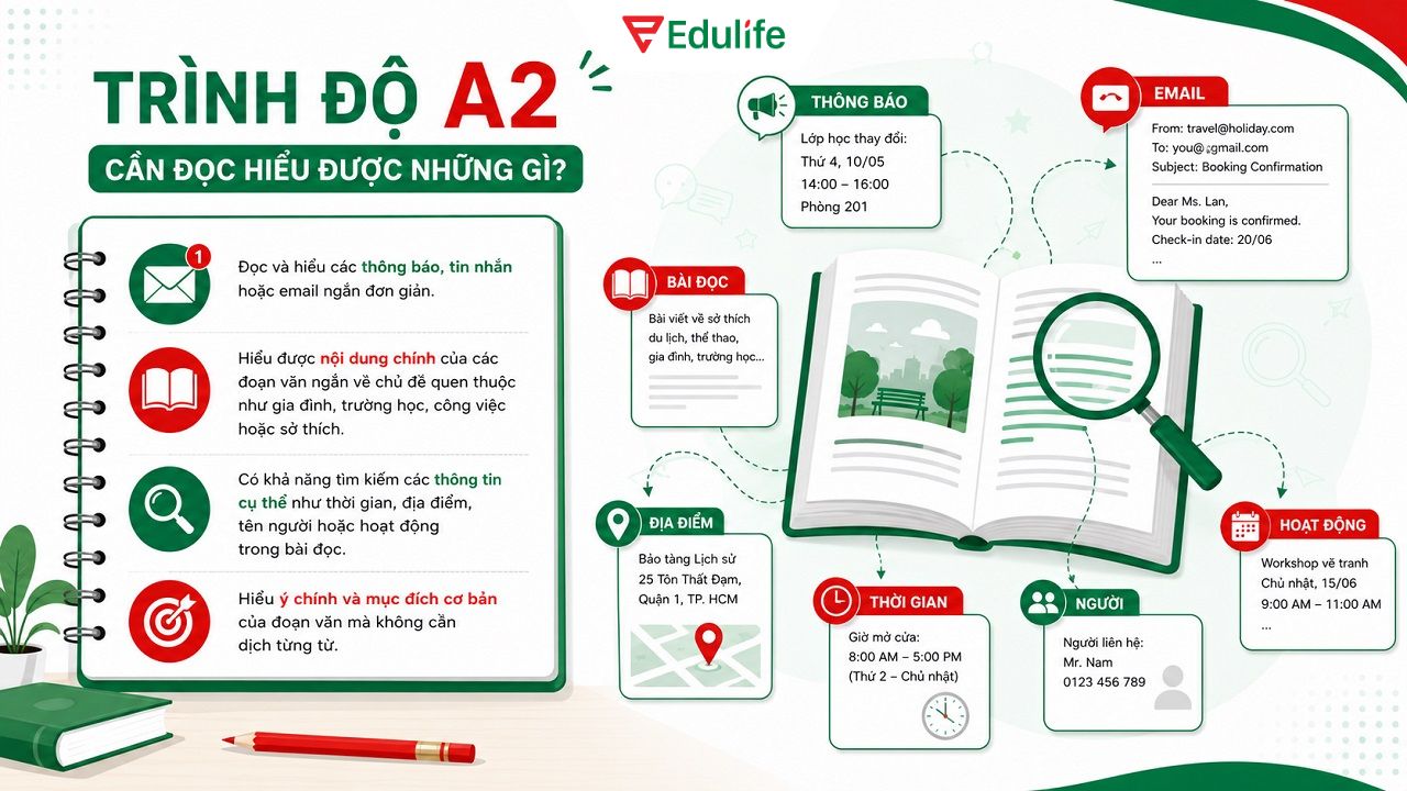 Ở trình độ A2, bạn cần đọc hiểu được các đoạn email, thông báo ngắn đơn giản Ở trình độ A2, bạn cần đọc hiểu được các đoạn email, thông báo ngắn đơn giản