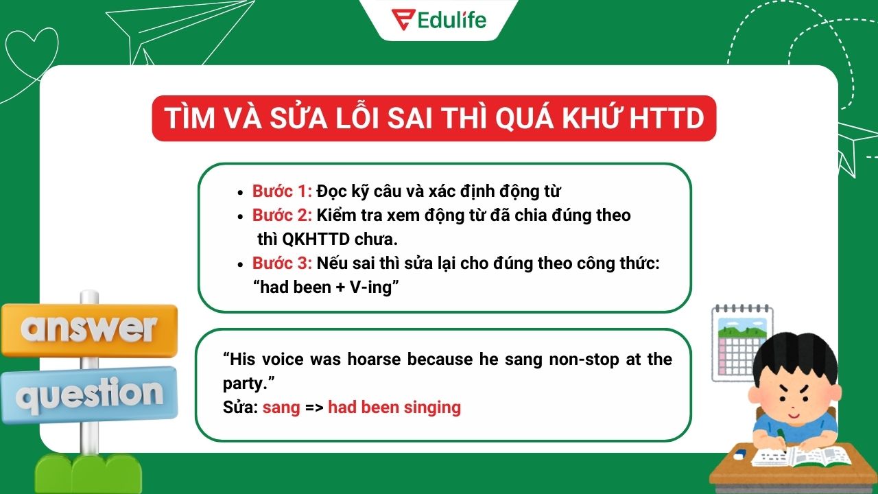 Dạng bài tìm và sửa lỗi sai thì quá khứ hoàn thành tiếp diễn 