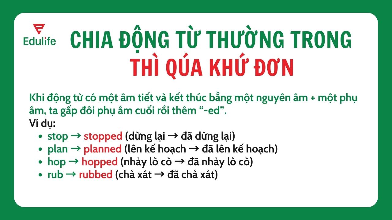 Thêm “ed” vào động từ có kết thúc bằng “nguyên âm+phụ âm”​