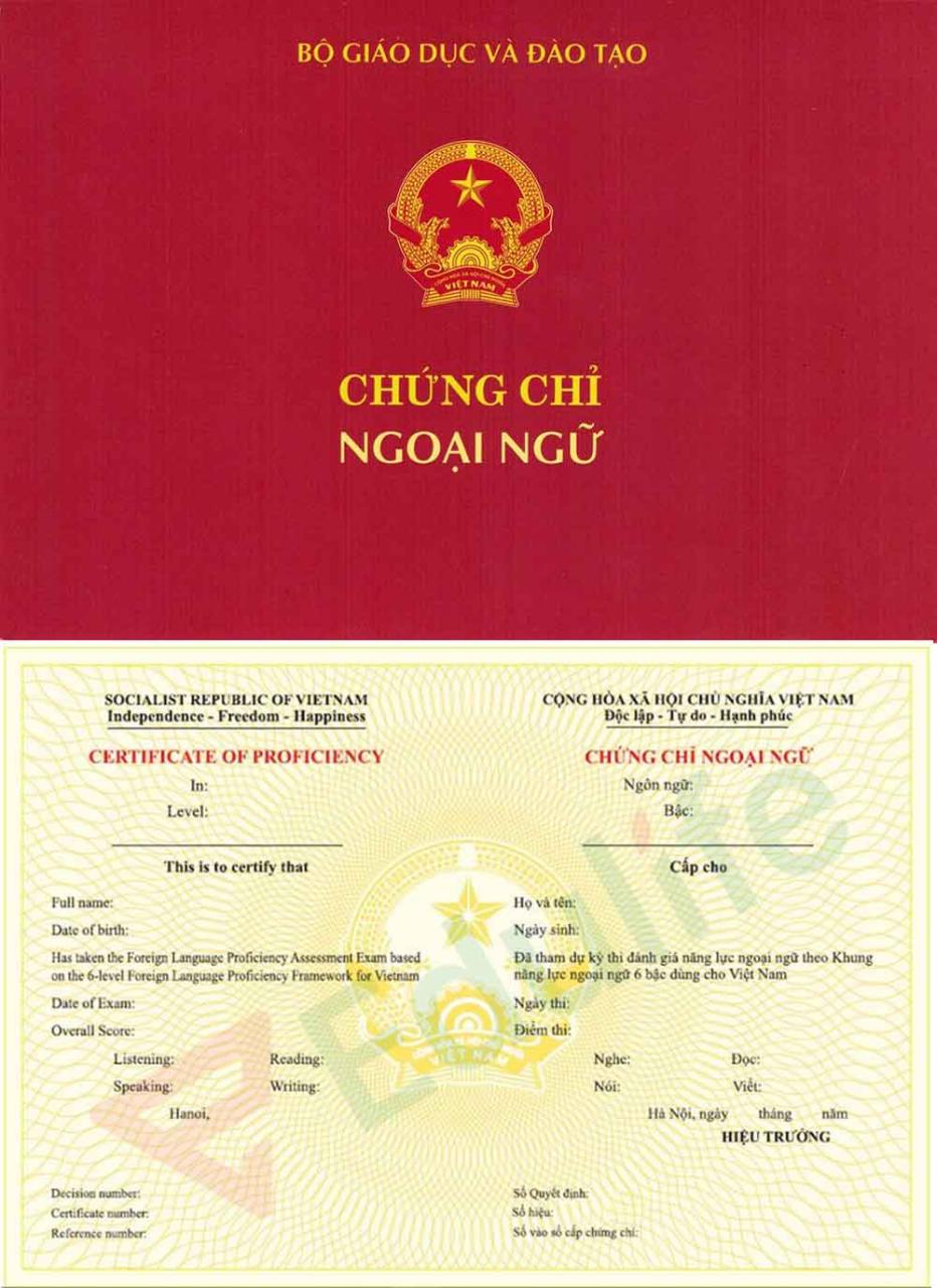 Mẫu phôi chứng chỉ tiếng anh A2 chuẩn Bộ GD&ĐT