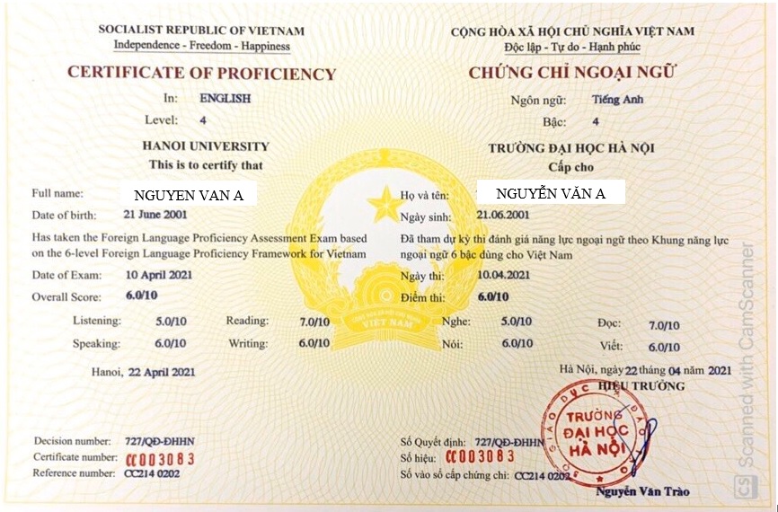 Mẫu bằng tiếng Anh A2 Đại học Hà Nội