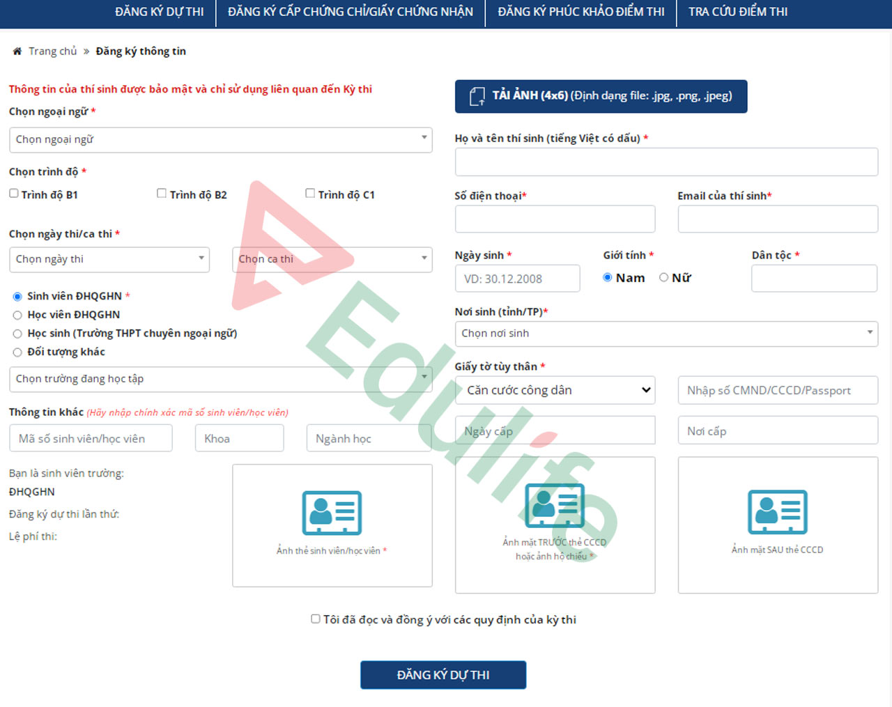 Giao diện đăng ký thi VSTEP online của trường Đại học Ngoại ngữ Đại học Quốc gia Hà Nội