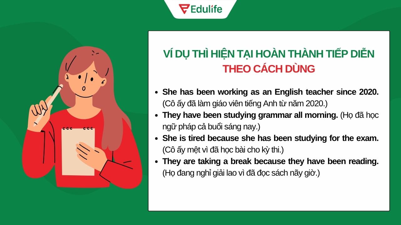 Ví dụ về thì hiện tại hoàn thành tiếp diễn theo cách dùng 