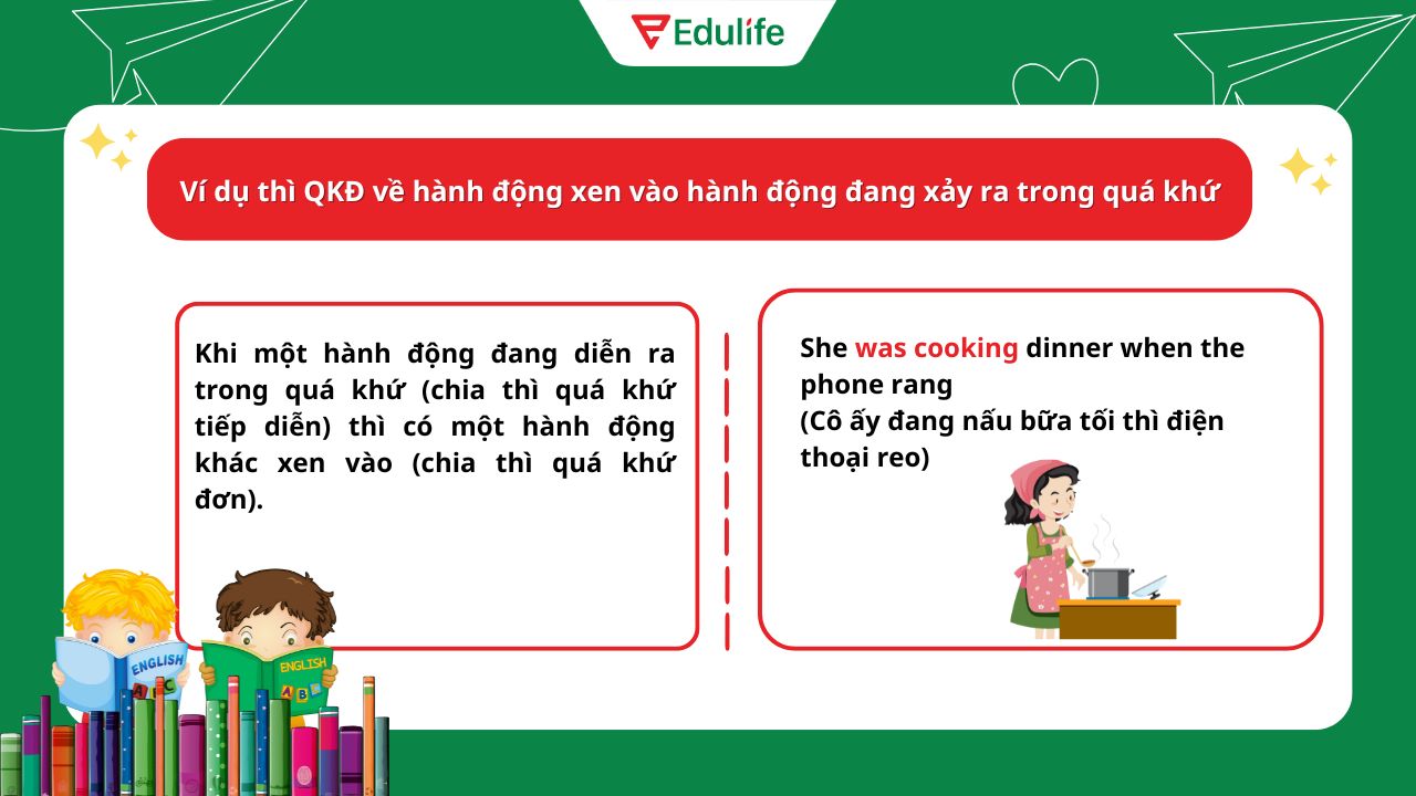 Ví dụ thì quá khứ đơn về hành động xen vào hành động đang xảy ra trong quá khứ​