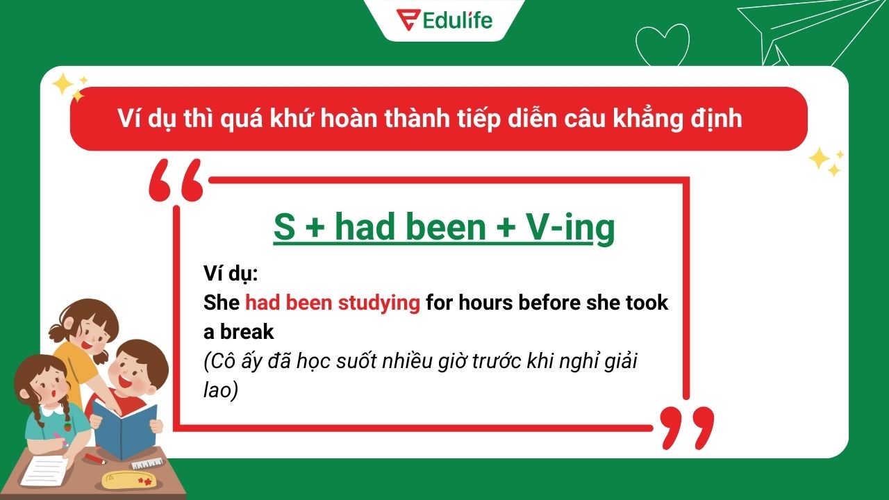 Ví dụ thì quá khứ hoàn thành tiếp diễn câu khẳng định ​