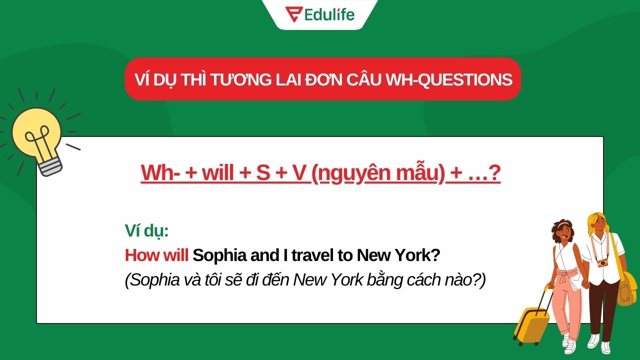 Ví dụ thì tương lai đơn dạng câu hỏi có từ để hỏi