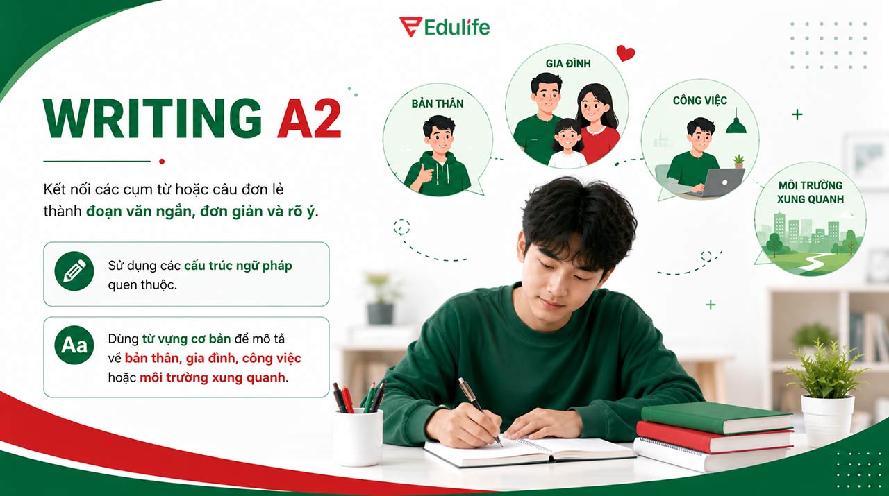 Trình độ A2 là viết các câu đơn giản thành đoạn văn ngắn, rõ ý
