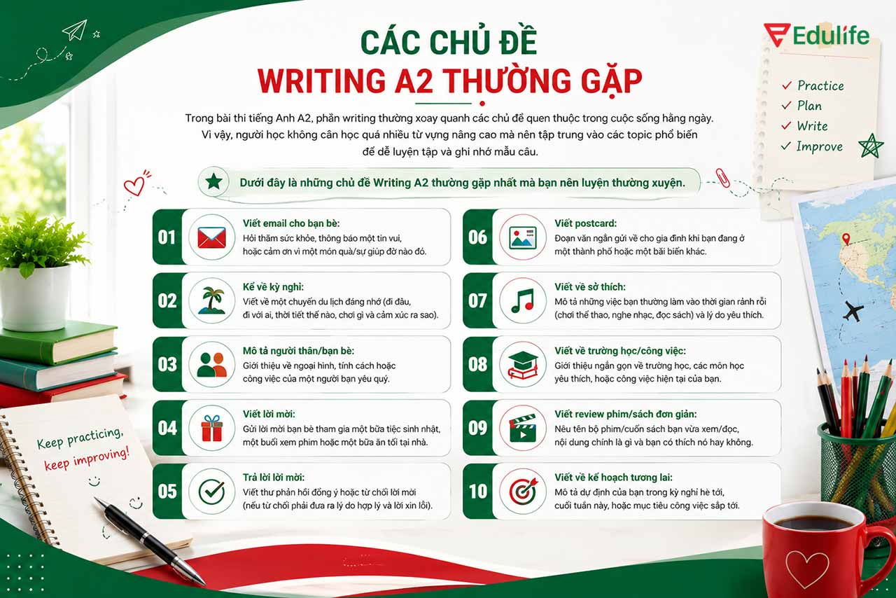 Những chủ đề thường xuất hiện trong phần thi Writing A2