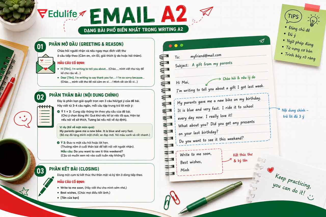Mẫu dàn ý cho dạng bài Email A2