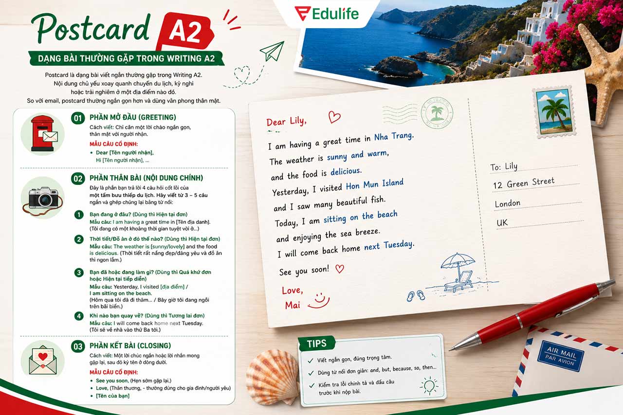 Mẫu dàn ý cho dạng bài Postcard A2