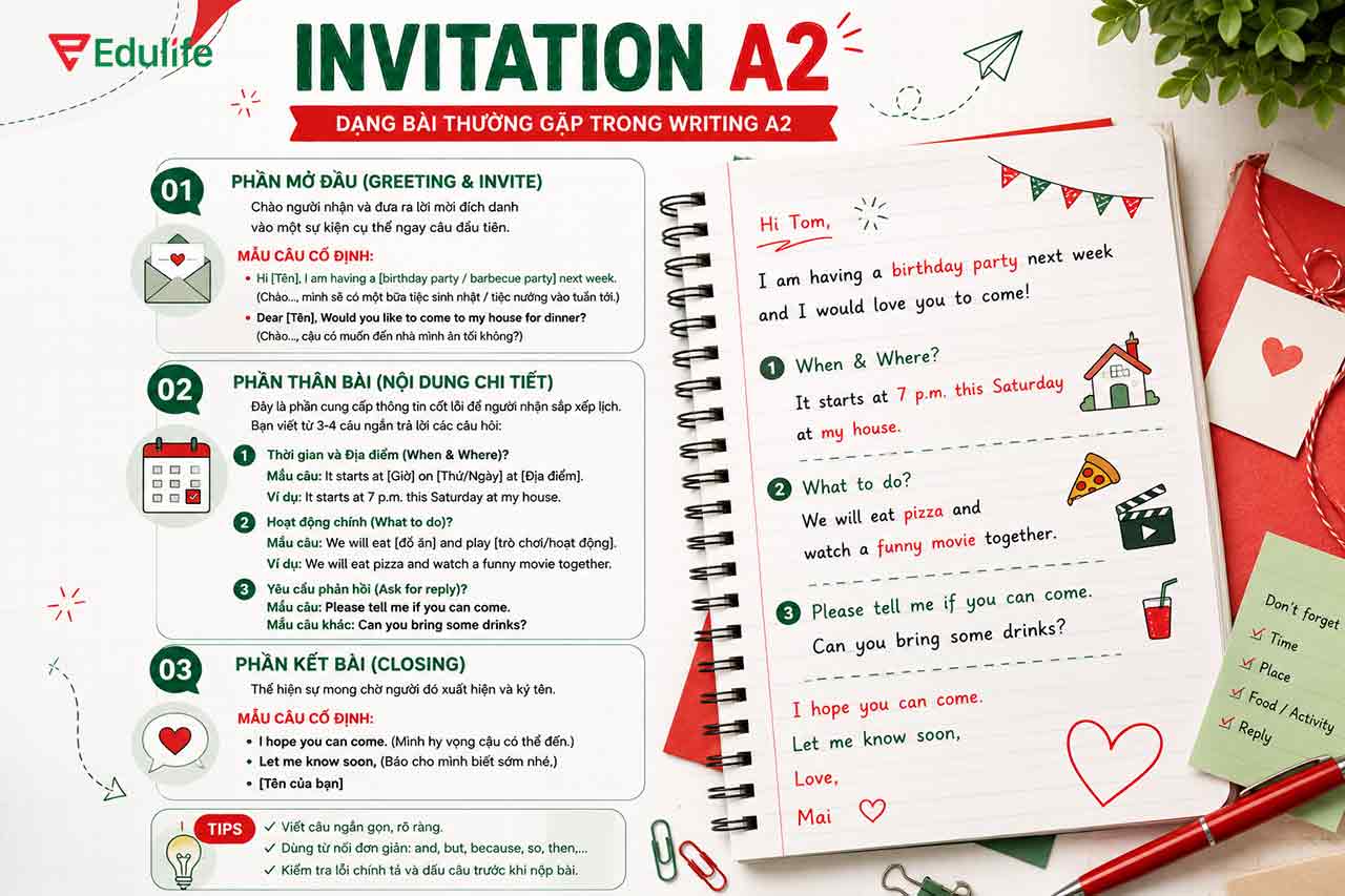 Mẫu dàn ý cho dạng bài Invitation A2
