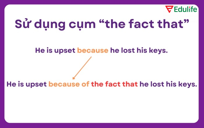 Khi muốn giữ nguyên mệnh đề gốc chuyển sang because of thì thêm the fact that