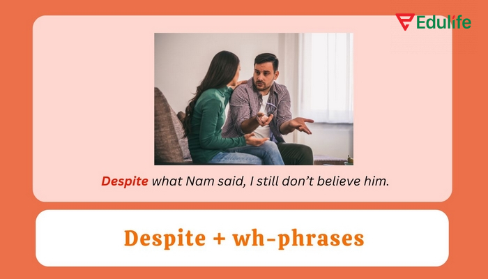 Cấu trúc Despite Despite kết hợp với từ để hỏi sẽ thể hiện sự trái ngược với thông tin được trình bày dưới dạng cụm từ hỏi