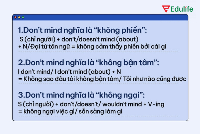 Cấu trúc Mind khi kết hợp với don’t/doesn’t để thể hiện ai đó không thấy phiền/ngại ngần/bận tâm khi làm gì đó, trong tình huống nào đó