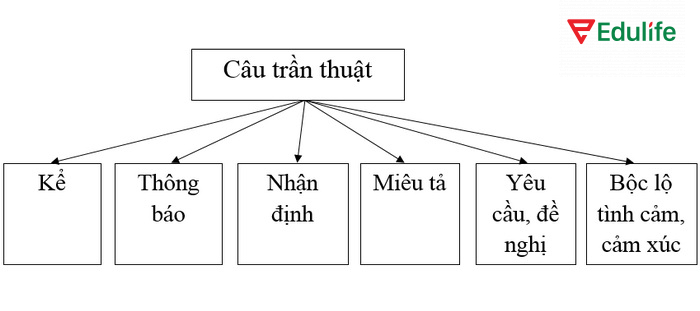 Câu trần thuật dùng để kể, thông báo, nhận định, miêu tả, yêu cầu đề nghị, bộc lộ cảm xúc