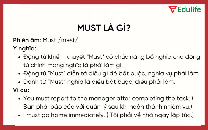 Must diễn tả điều gì đó bắt buộc, nghĩa vụ phải làm