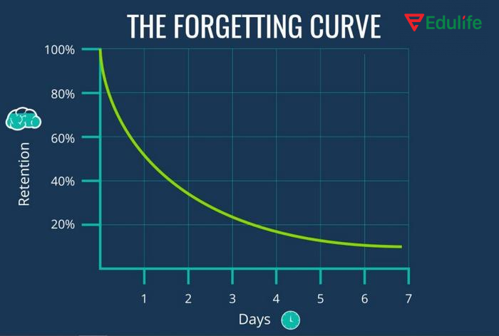 Phương pháp Spaced Repetition ghi nhận trí nhớ não bộ sẽ giảm sút nhanh chóng sau 24 giờ nếu không ôn tập lại