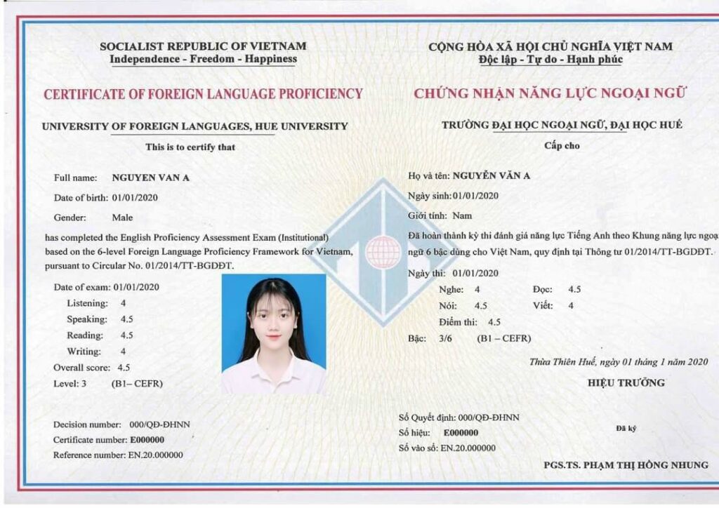 Mẫu chứng chỉ B1 – Trường Đại học Ngoại ngữ - ĐH Huế