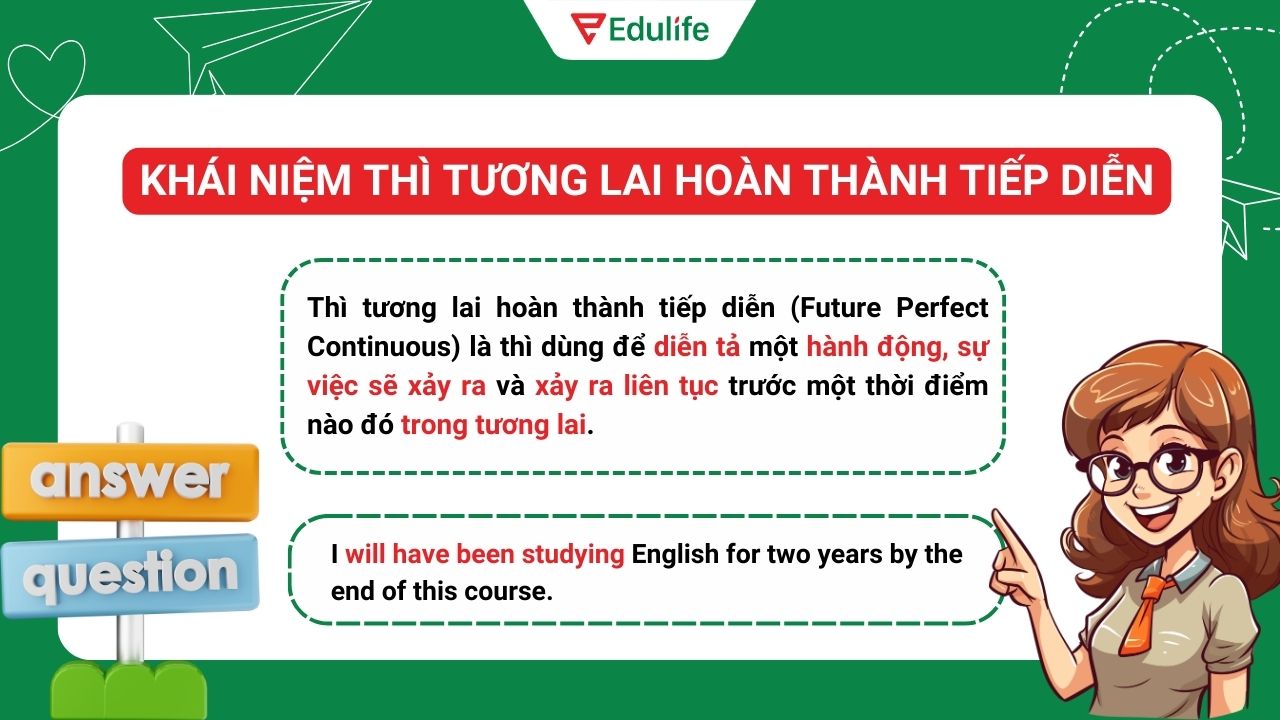 Thì tương lai hoàn thành tiếp diễn dùng để diễn tả một hành động sẽ xảy ra liên tục trước một thời điểm nào đó trong tương lai