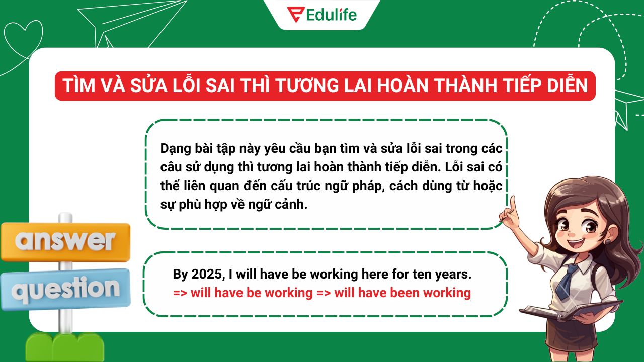 Dạng bài tập tìm và sửa lỗi sai thì tương lai hoàn thành tiếp diễn