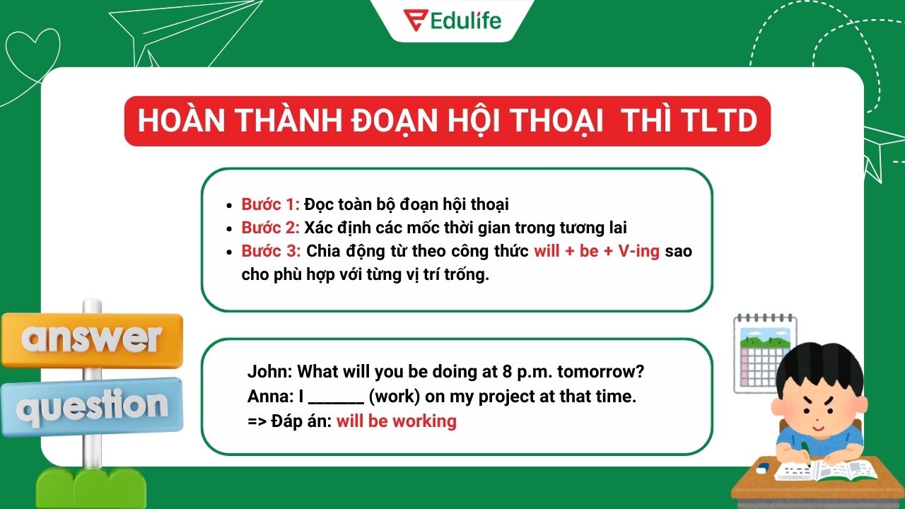 Bài tập hoàn thành đoạn hội thoại thì tương lai tiếp diễn