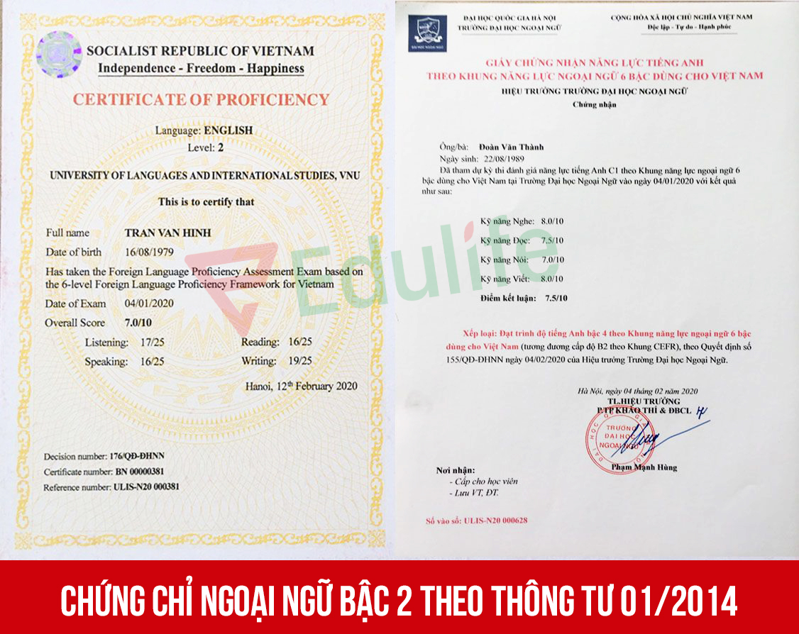 chứng chỉ ngoại ngữ bậc 2 thông tư 01/2014