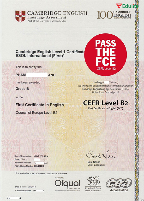 Mẫu chứng chỉ tiếng Anh quốc tế B2 Cambridge