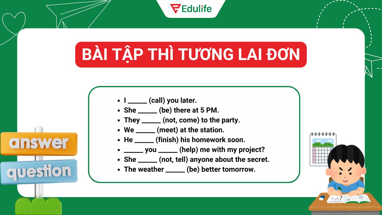 Bài tập cách chia động từ thì tương lai đơn