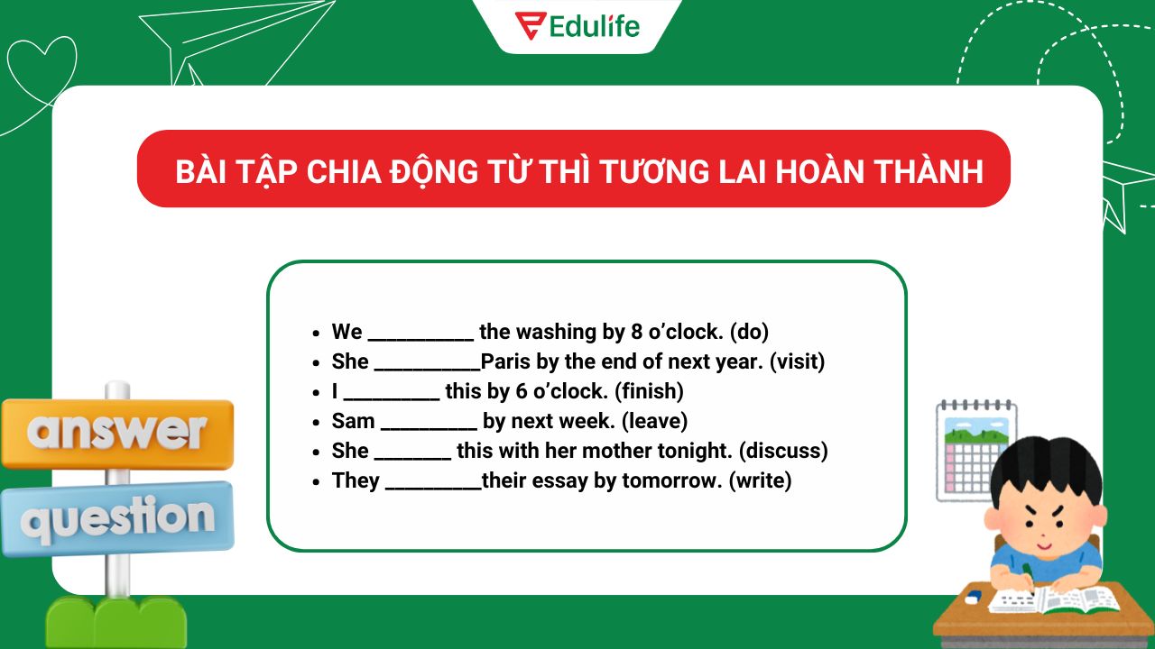 Bài tập chia động từ thì tương lai hoàn thành