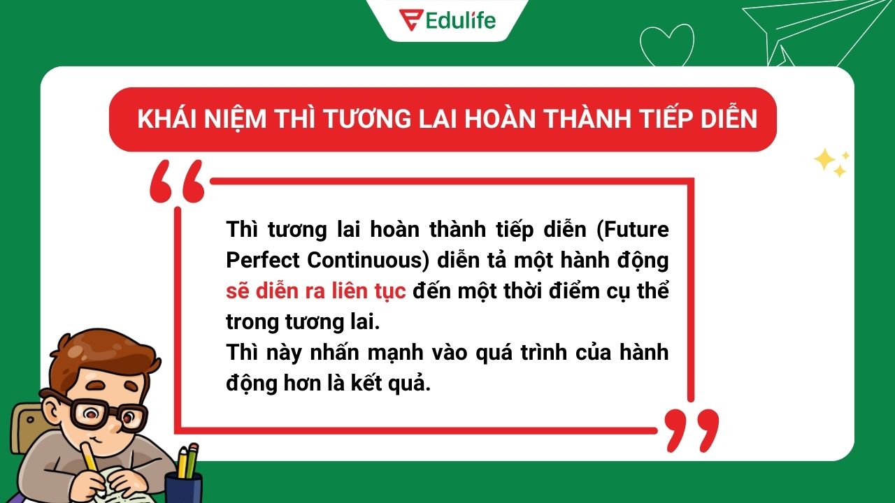 Thì tương lai hoàn thành tiếp diễn diễn tả một hành động sẽ diễn ra liên tục đến một thời điểm cụ thể trong tương lai