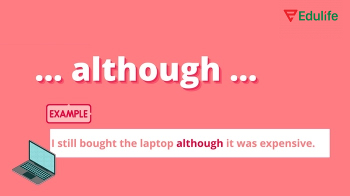 Cách dùng although ở giữa câu nhấn mạnh sự tương phản rõ rệt giữa hai hành động