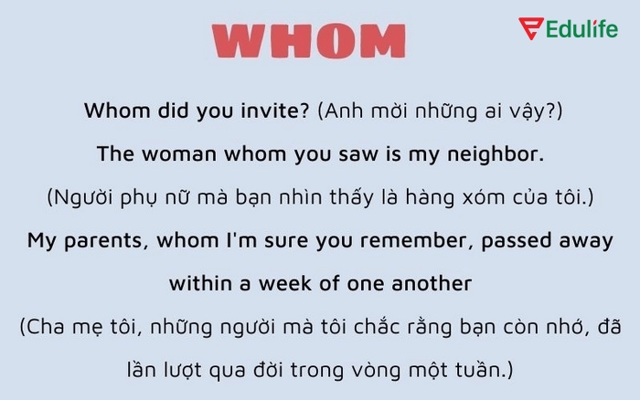 Whom trong câu là tân ngữ của mệnh đề quan hệ