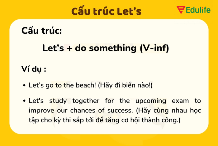 “Let’s…” là cấu trúc mệnh lệnh để mời, đề xuất ai đó cùng tham gia một hoạt động