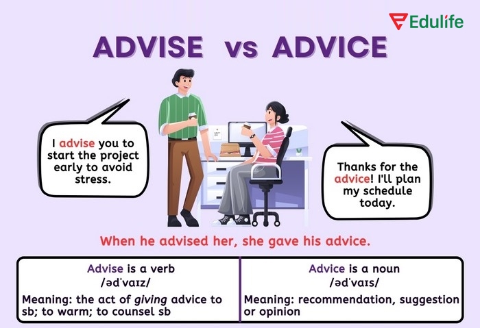 Advise là động từ đưa ra lời khuyên, Advice là danh từ lời khuyên