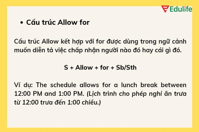 Cấu trúc “S + allow + for + sb/sth” dùng khi nói đến việc dự trù hoặc tính đến một yếu tố nào đó